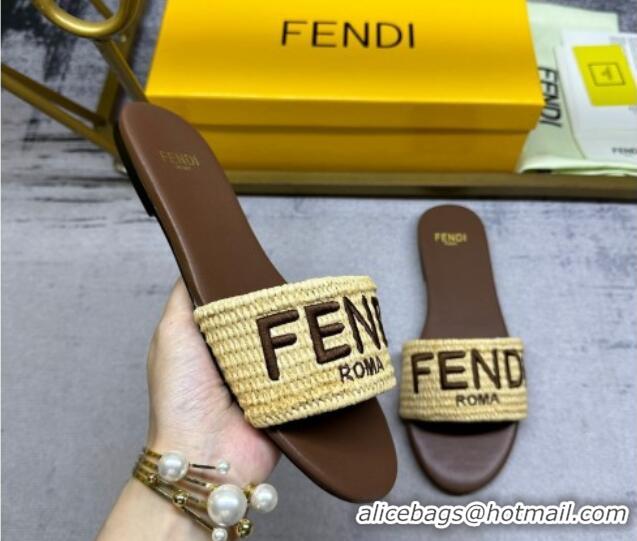 Buy Discount Fendi Signature Flat Slide Sandals in PP Straw Yellow 604177