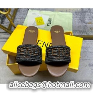 Classic Hot Fendi Signature Flat Slide Sandals in PP Straw Black 604178