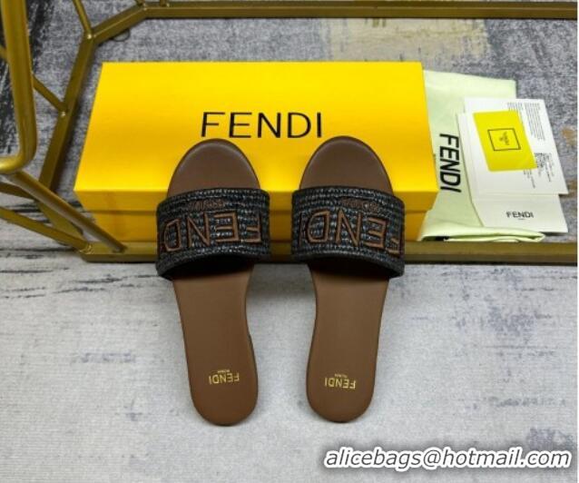 Classic Hot Fendi Signature Flat Slide Sandals in PP Straw Black 604178