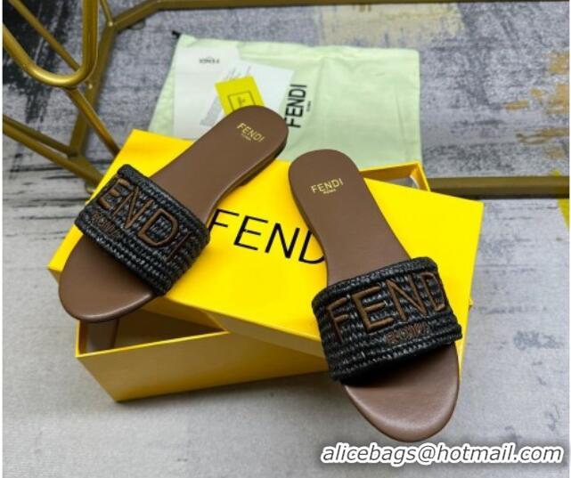 Classic Hot Fendi Signature Flat Slide Sandals in PP Straw Black 604178