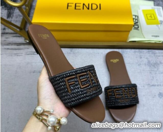 Classic Hot Fendi Signature Flat Slide Sandals in PP Straw Black 604178