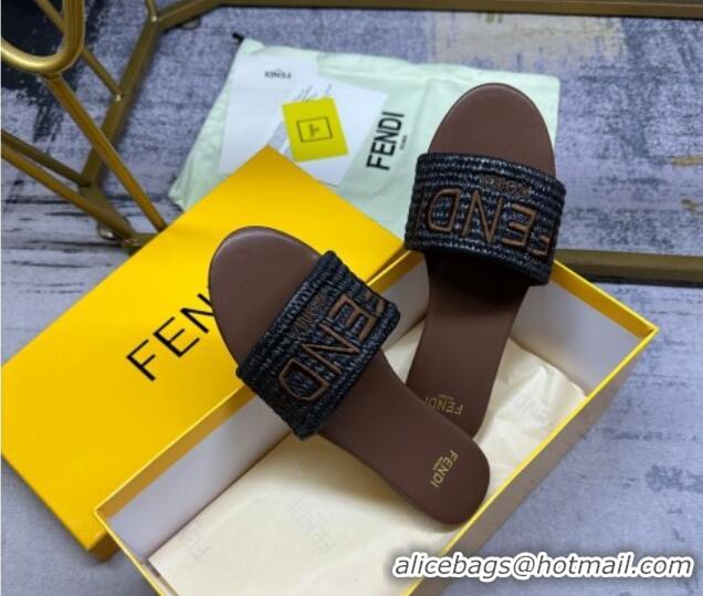 Classic Hot Fendi Signature Flat Slide Sandals in PP Straw Black 604178