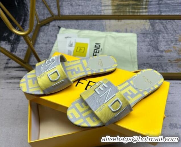 Low Cost Fendi Signature Flat Slide Sandals in Printed Canvas Grey/Yellow 604179