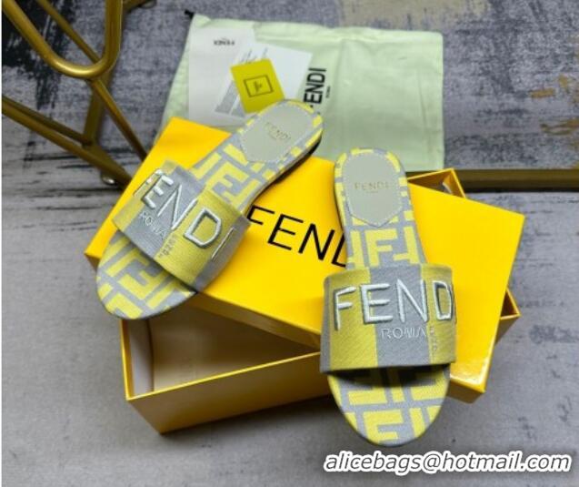 Low Cost Fendi Signature Flat Slide Sandals in Printed Canvas Grey/Yellow 604179