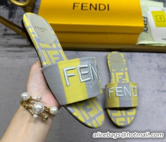 Low Cost Fendi Signature Flat Slide Sandals in Printed Canvas Grey/Yellow 604179