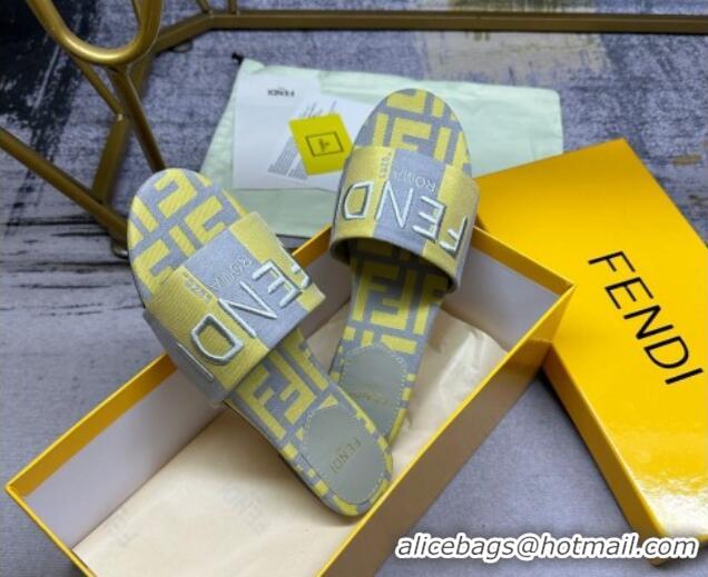 Low Cost Fendi Signature Flat Slide Sandals in Printed Canvas Grey/Yellow 604179