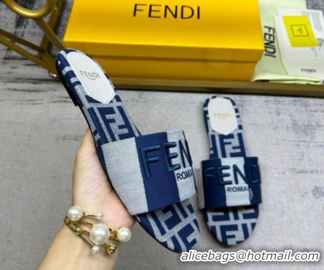 Low Price Fendi Signature Flat Slide Sandals in Printed Canvas Grey/Navy Blue 604180