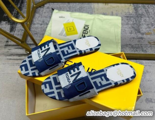 Low Price Fendi Signature Flat Slide Sandals in Printed Canvas Grey/Navy Blue 604180