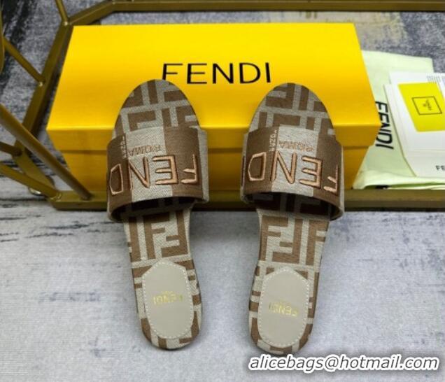 Good Quality Fendi Signature Flat Slide Sandals in Printed Canvas Grey/Brown 604181