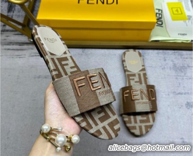 Good Quality Fendi Signature Flat Slide Sandals in Printed Canvas Grey/Brown 604181