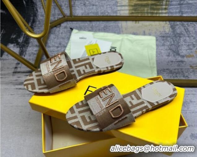 Good Quality Fendi Signature Flat Slide Sandals in Printed Canvas Grey/Brown 604181