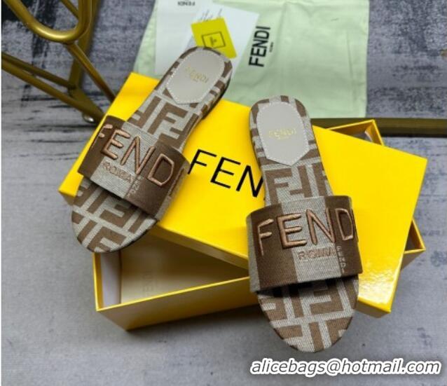 Good Quality Fendi Signature Flat Slide Sandals in Printed Canvas Grey/Brown 604181