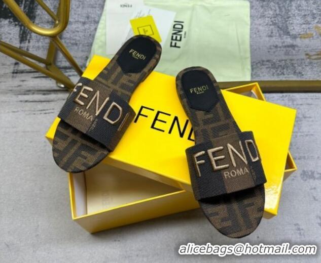 Best Price Fendi Signature Flat Slide Sandals in Printed Canvas Brown/Black 604182