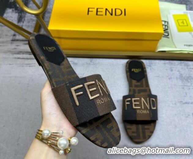 Best Price Fendi Signature Flat Slide Sandals in Printed Canvas Brown/Black 604182