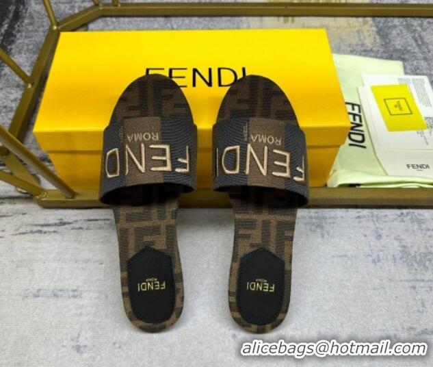 Best Price Fendi Signature Flat Slide Sandals in Printed Canvas Brown/Black 604182