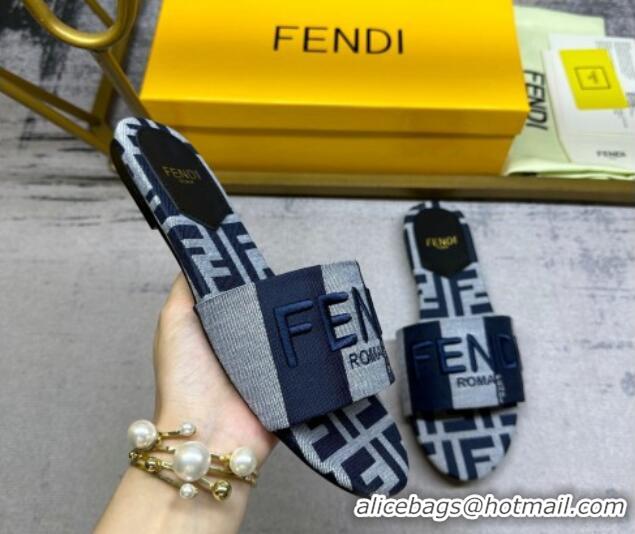 Top Design Fendi Signature Flat Slide Sandals in Printed Canvas Grey/Dark Blue 604183