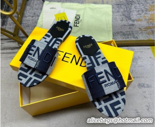 Top Design Fendi Signature Flat Slide Sandals in Printed Canvas Grey/Dark Blue 604183