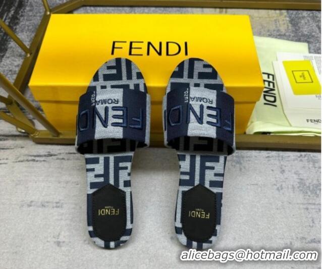 Top Design Fendi Signature Flat Slide Sandals in Printed Canvas Grey/Dark Blue 604183