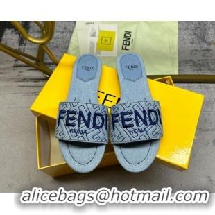 Purchase Fendi Signature Flat Slide Sandals in Quilted Denim Light Blue 604184