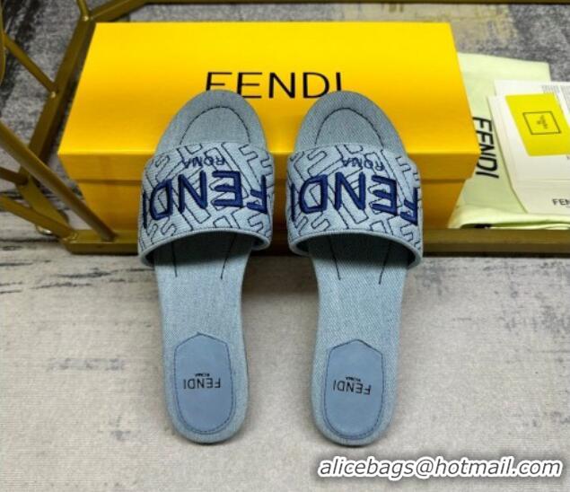 Purchase Fendi Signature Flat Slide Sandals in Quilted Denim Light Blue 604184