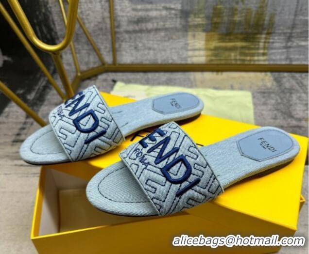 Purchase Fendi Signature Flat Slide Sandals in Quilted Denim Light Blue 604184