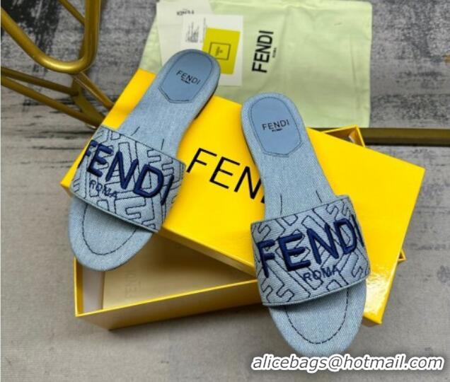 Purchase Fendi Signature Flat Slide Sandals in Quilted Denim Light Blue 604184