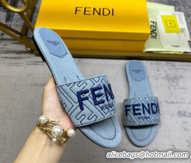 Purchase Fendi Signature Flat Slide Sandals in Quilted Denim Light Blue 604184