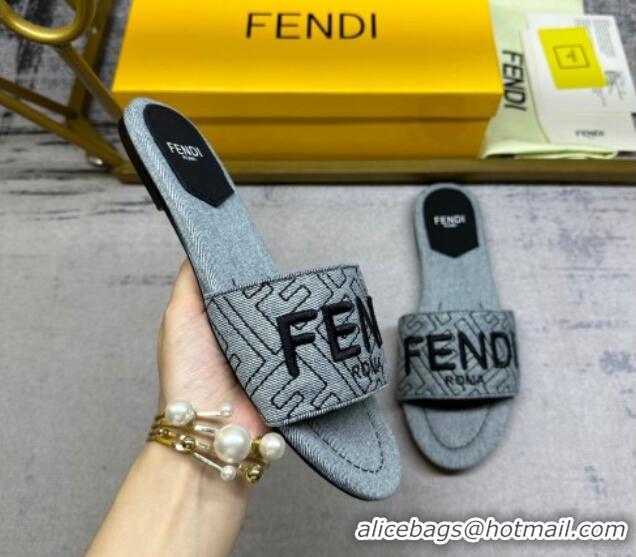 Grade Quality Fendi Signature Flat Slide Sandals in Quilted Denim Grey 604185