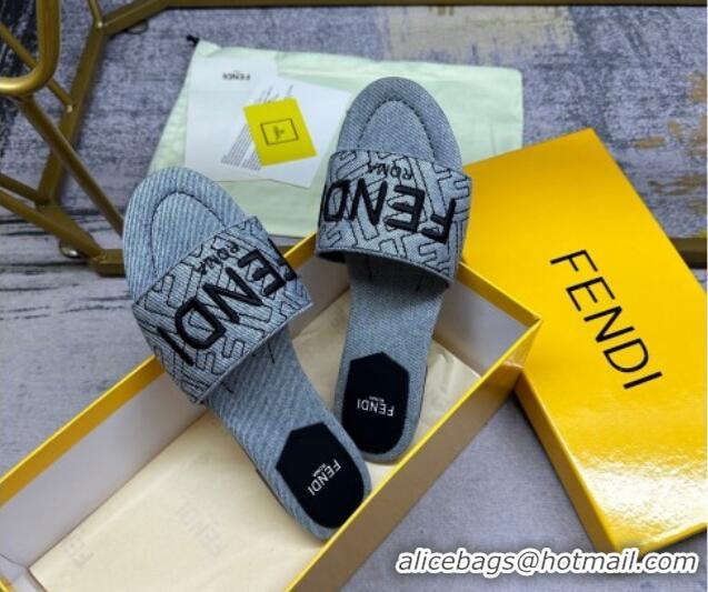 Grade Quality Fendi Signature Flat Slide Sandals in Quilted Denim Grey 604185