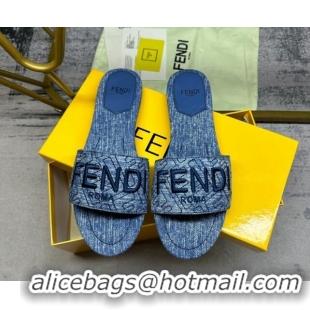 Luxurious Fendi Signature Flat Slide Sandals in Quilted Denim Dark Blue 604186