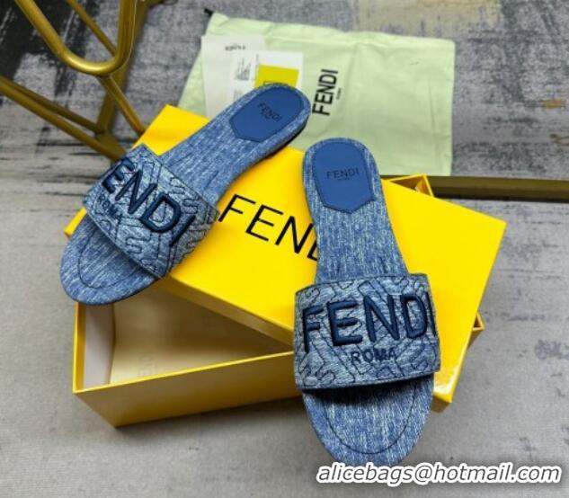 Luxurious Fendi Signature Flat Slide Sandals in Quilted Denim Dark Blue 604186