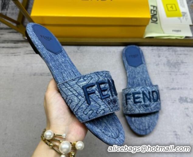 Luxurious Fendi Signature Flat Slide Sandals in Quilted Denim Dark Blue 604186