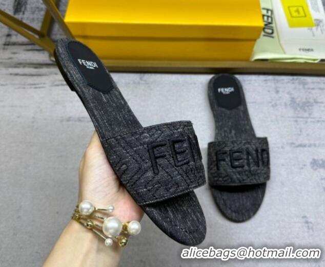 Best Grade Fendi Signature Flat Slide Sandals in Quilted Denim Black 604187