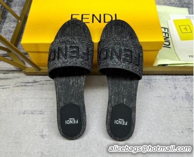 Best Grade Fendi Signature Flat Slide Sandals in Quilted Denim Black 604187