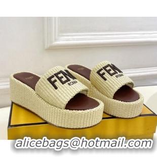 Unique Style Fendi Sunshine Wedge Slide Sandals in PP Straw Yellow 604189