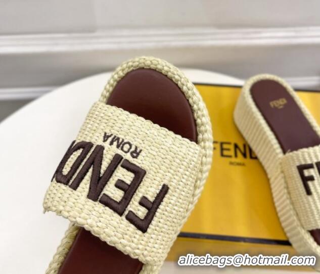 Unique Style Fendi Sunshine Wedge Slide Sandals in PP Straw Yellow 604189