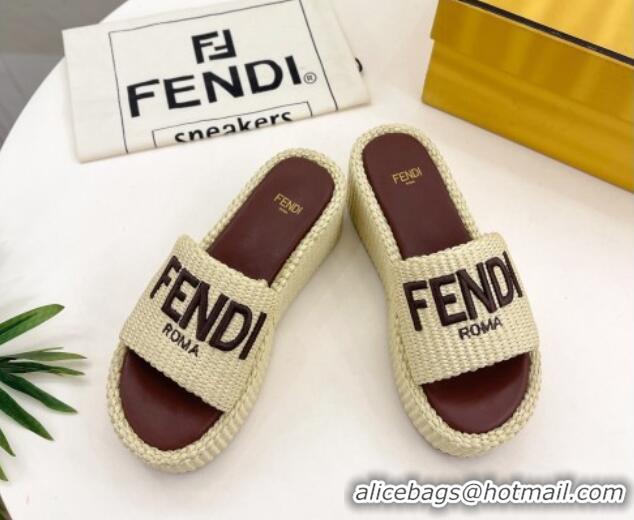 Unique Style Fendi Sunshine Wedge Slide Sandals in PP Straw Yellow 604189