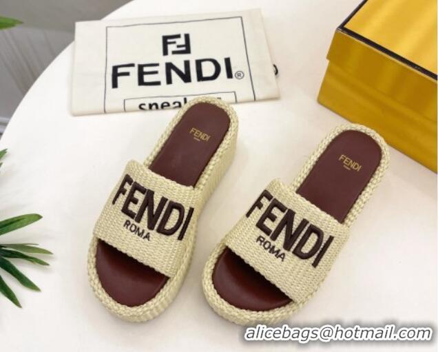 Unique Style Fendi Sunshine Wedge Slide Sandals in PP Straw Yellow 604189