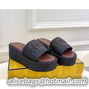 Good Quality Fendi Sunshine Wedge Slide Sandals in PP Straw Black 604190