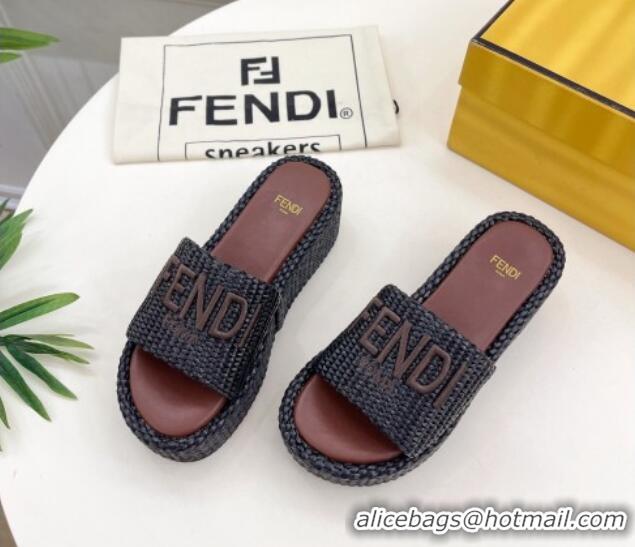 Good Quality Fendi Sunshine Wedge Slide Sandals in PP Straw Black 604190