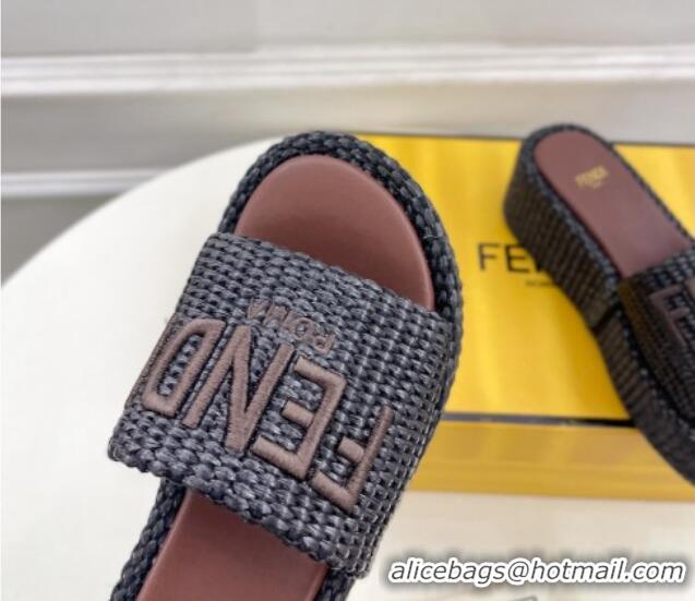 Good Quality Fendi Sunshine Wedge Slide Sandals in PP Straw Black 604190