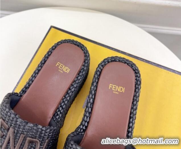 Good Quality Fendi Sunshine Wedge Slide Sandals in PP Straw Black 604190