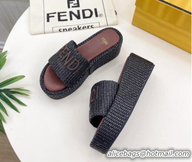 Good Quality Fendi Sunshine Wedge Slide Sandals in PP Straw Black 604190