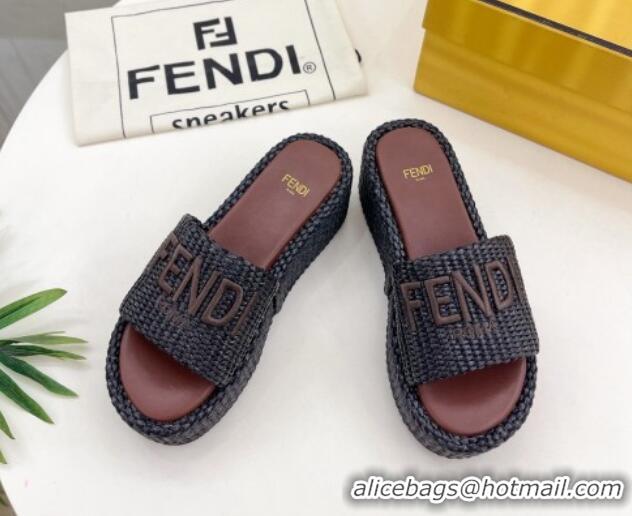 Good Quality Fendi Sunshine Wedge Slide Sandals in PP Straw Black 604190