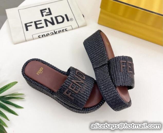 Good Quality Fendi Sunshine Wedge Slide Sandals in PP Straw Black 604190