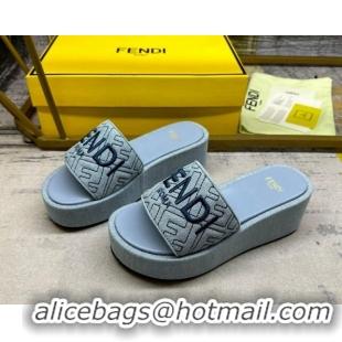 Popular Style Fendi Sunshine Wedge Slide Sandals in Denim Light Blue 604191