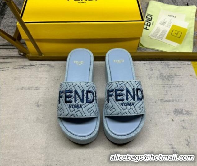 Popular Style Fendi Sunshine Wedge Slide Sandals in Denim Light Blue 604191