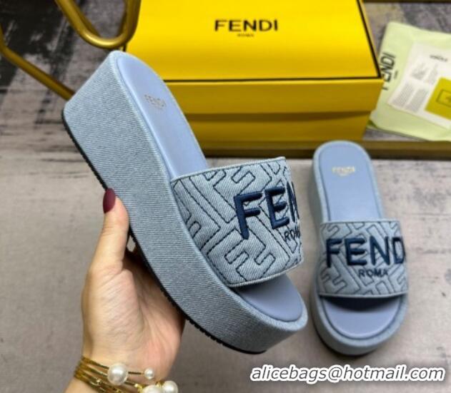 Popular Style Fendi Sunshine Wedge Slide Sandals in Denim Light Blue 604191