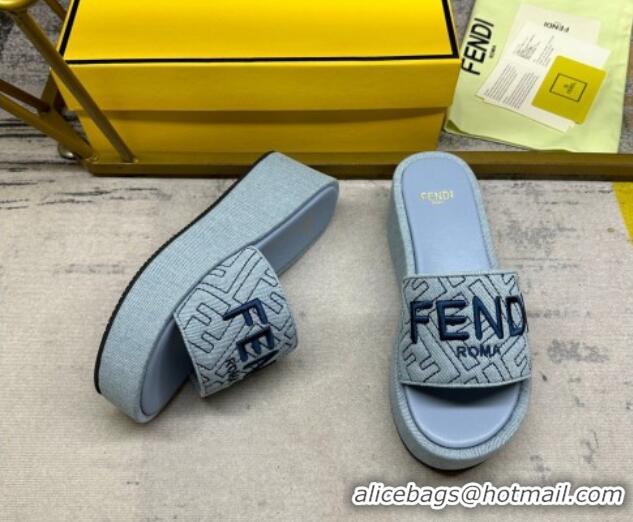 Popular Style Fendi Sunshine Wedge Slide Sandals in Denim Light Blue 604191