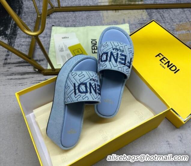 Popular Style Fendi Sunshine Wedge Slide Sandals in Denim Light Blue 604191